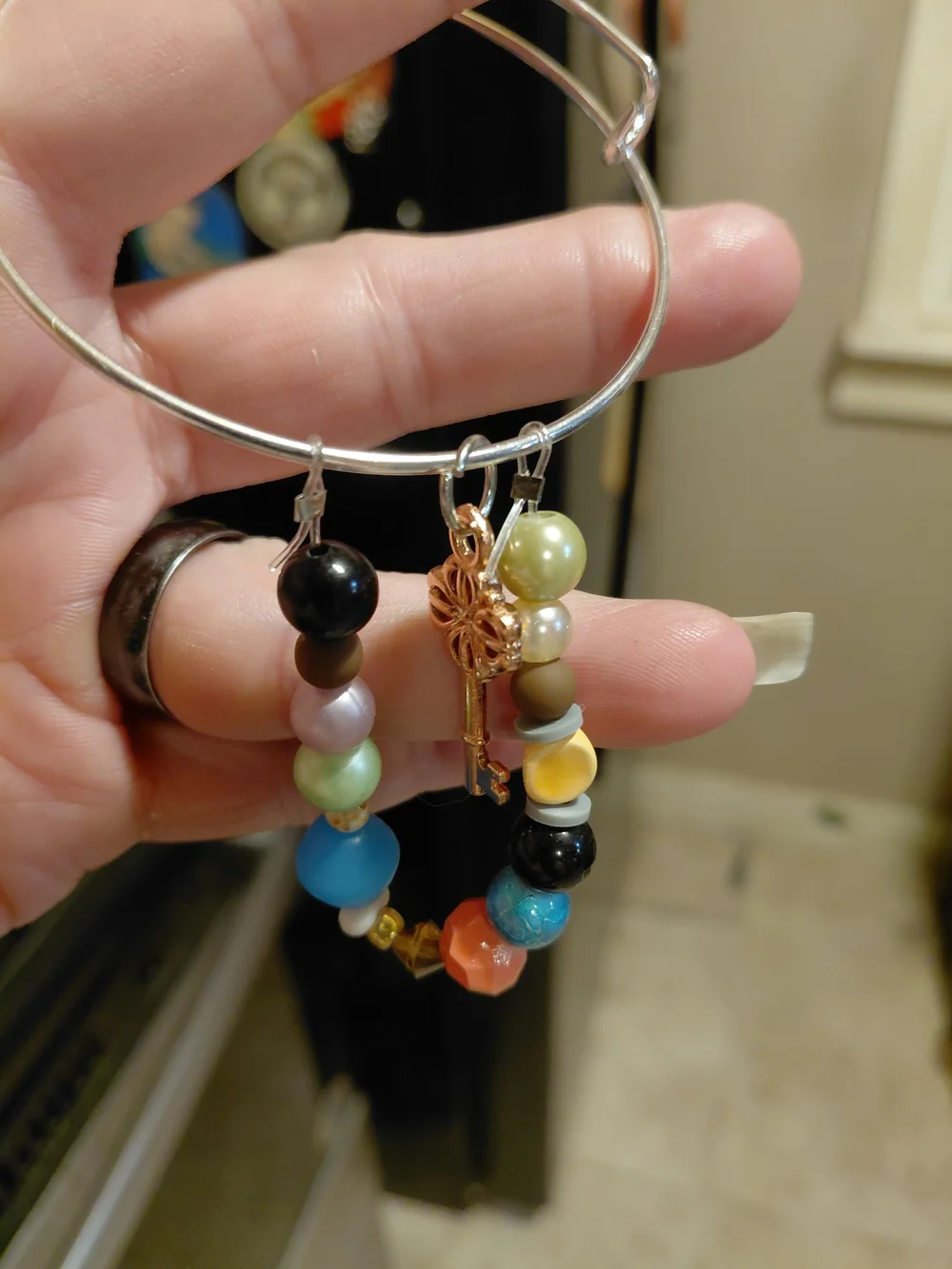 Multicolor Beaded Charm Bracelet with Gold Key Accent